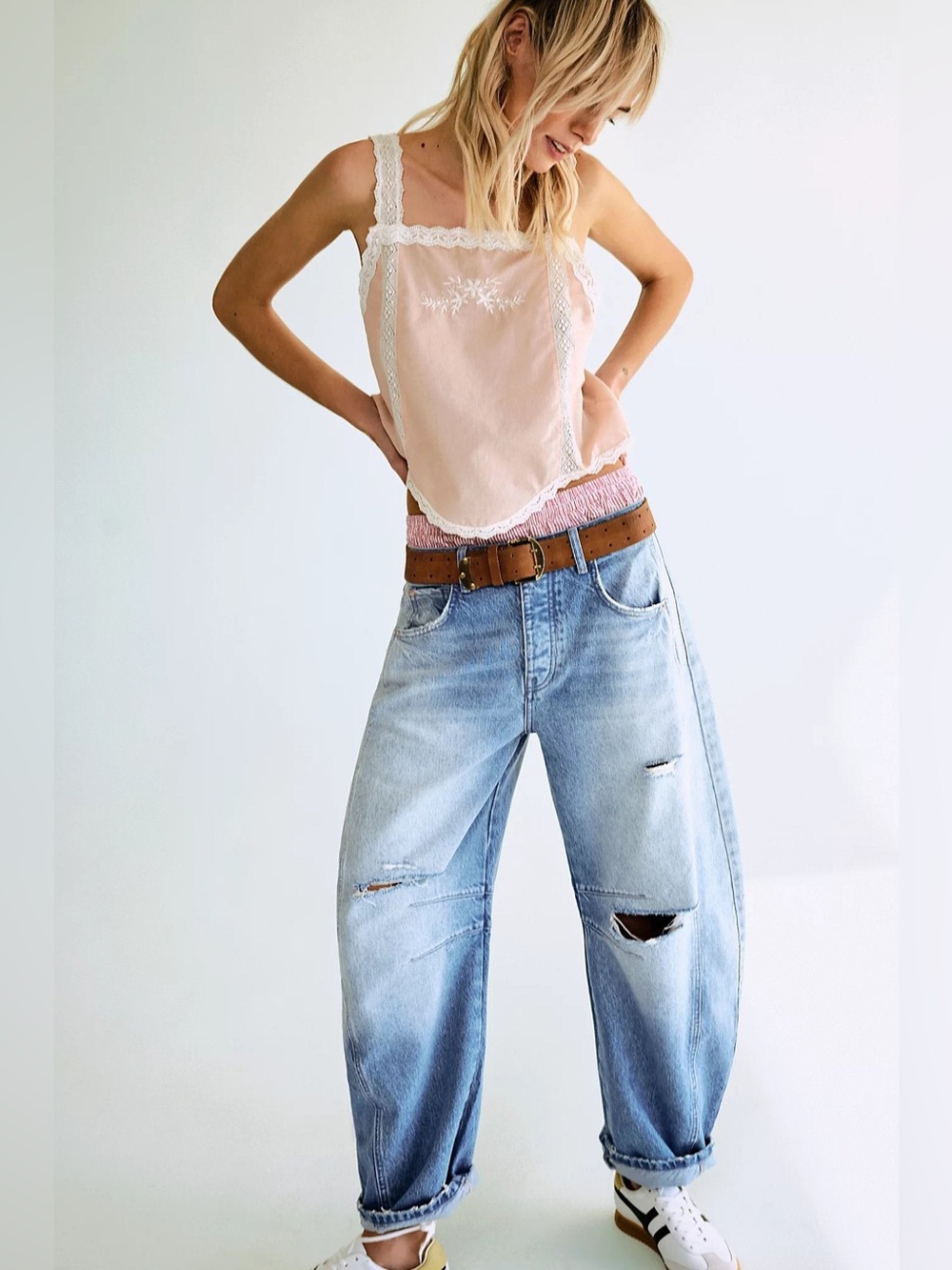 NWOT Free People We The Free Good Luck Mid-Rise Barrel Jeans Barnyard Blue